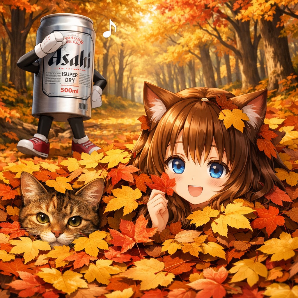 紅葉の中で猫とかくれんぼな小さな女の子