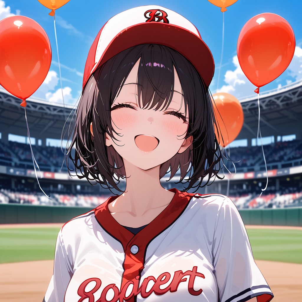 スタジアムで赤い風船を膨らませて遊ぶ野球ユニフォームの美女。 | の人気AIイラスト・グラビア