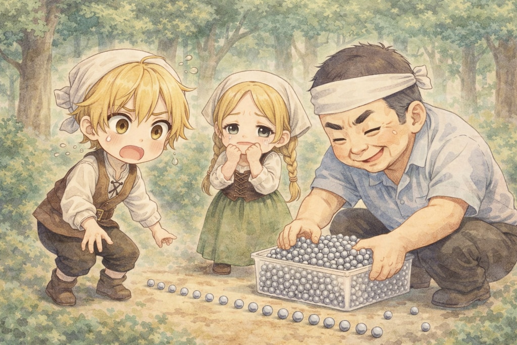 グリム童話：鳥対策にパンくずをパチンコ玉に変えたが日本から来たおじさんに根こそぎ拾われるヘンゼルとグレーテル