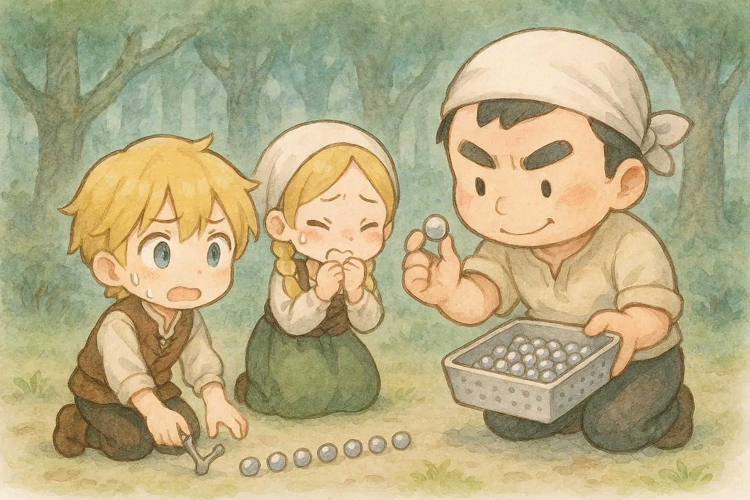 グリム童話：鳥対策にパンくずをパチンコ玉に変えたが日本から来たおじさんに根こそぎ拾われるヘンゼルとグレーテル | の人気AIイラスト・グラビア