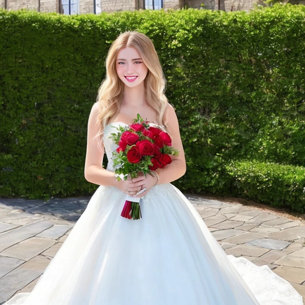 金髪ロングでウェディングドレスの美女