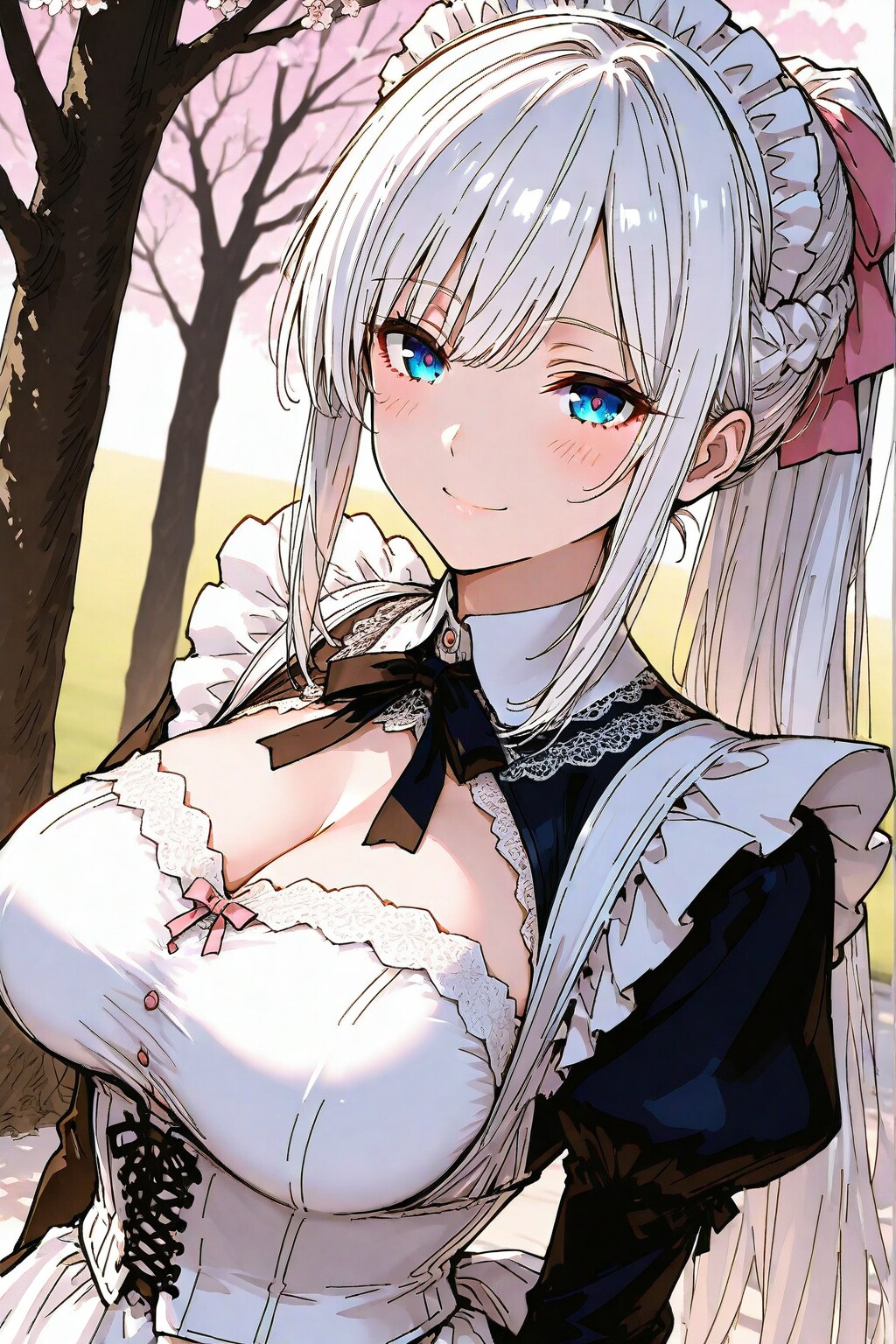 桜とポニテメイド