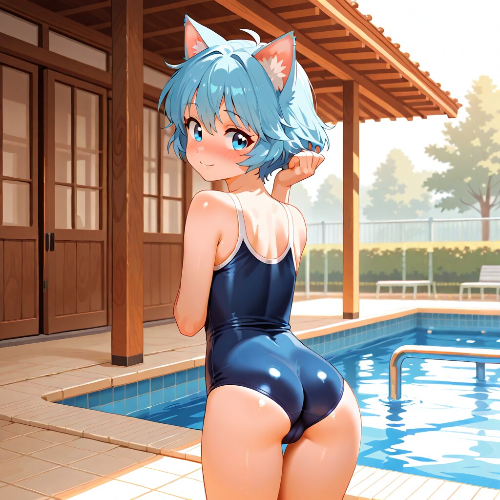 振り向きスク水ボーイッシュ猫耳さん