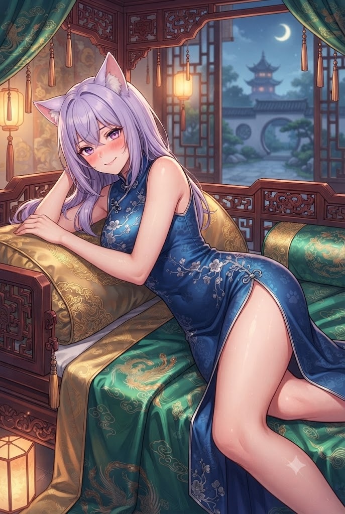 中華ベッドで夜風に当たるチャイナのシス | の人気AIイラスト・グラビア