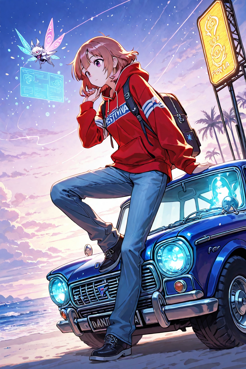 車と赤いパーカー