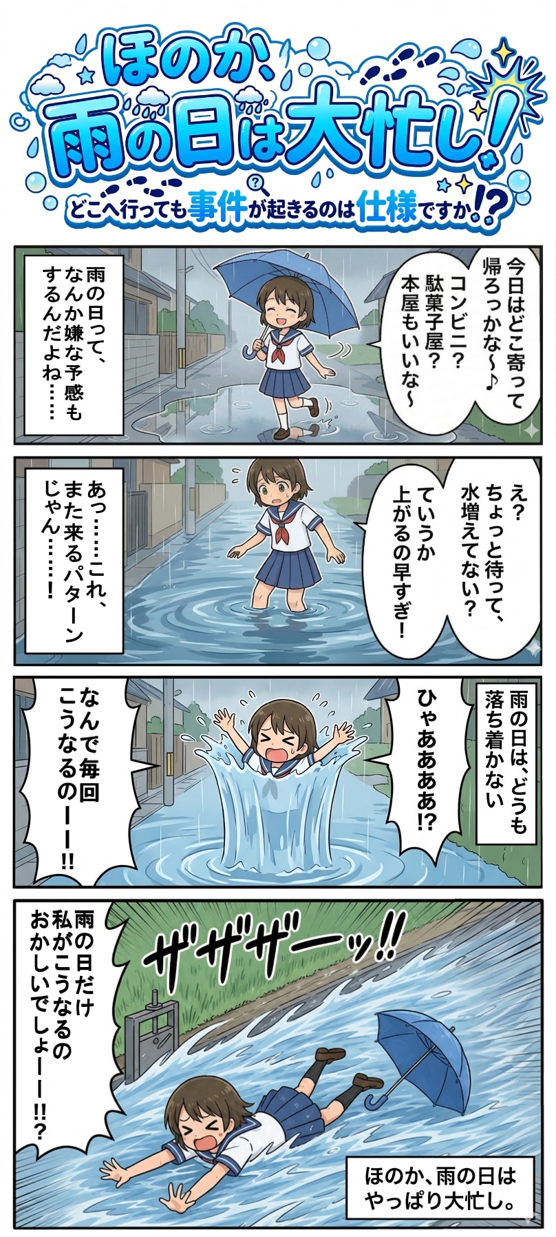 ほのか、雨の日は大忙し！どこへ行っても事件が起きるのは仕様ですか！？（四コマ漫画【たた８】３３の１） | の人気AIイラスト・グラビア