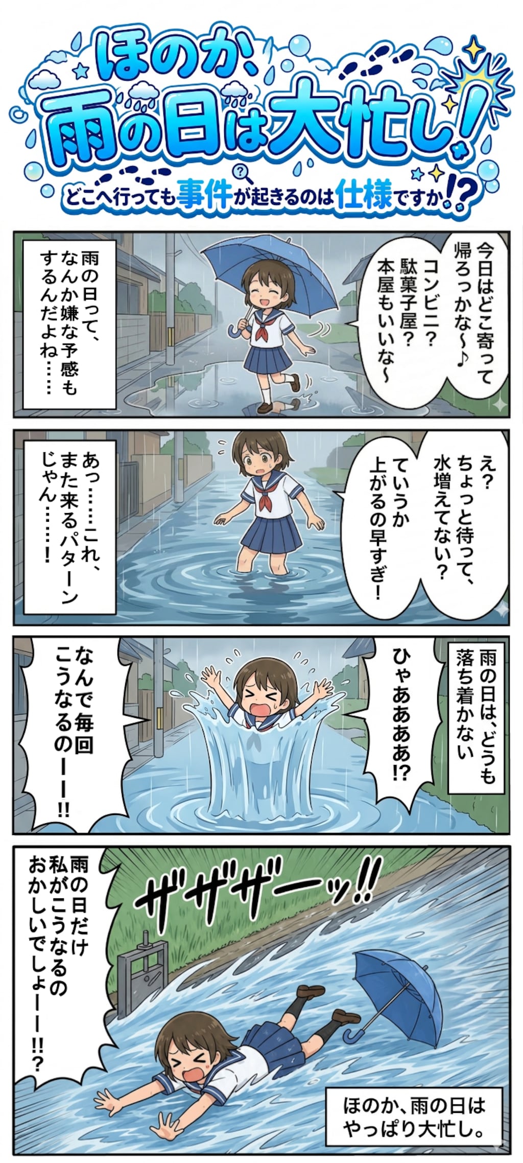 ほのか、雨の日は大忙し！どこへ行っても事件が起きるのは仕様ですか！？（四コマ漫画【たた８】３３の１）