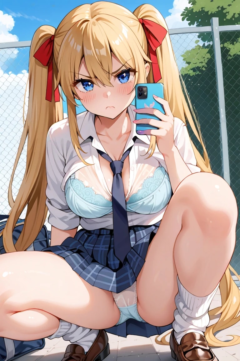 しゃがみ込み自撮りで下着晒すツインテ