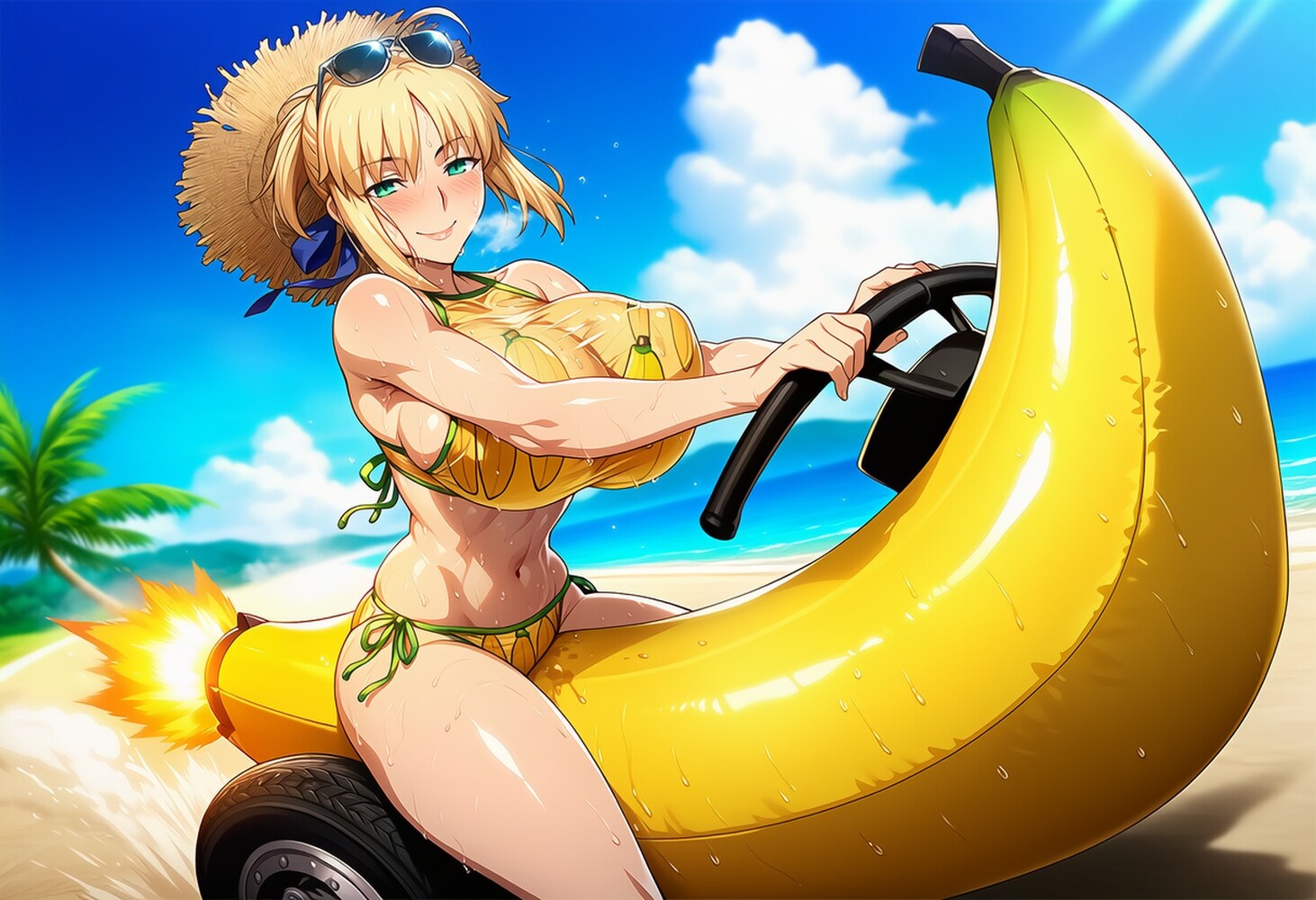 バナナボート等に乗るバナナビキニ水着等コスプレ人妻