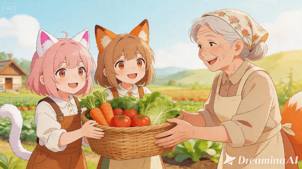 【All0429a】農家の人たちと一緒に無事だった春野菜の収穫をお手伝いをする事にした、みんなで楽しく収穫作業を行った。（モデル: Seedream 5.0）