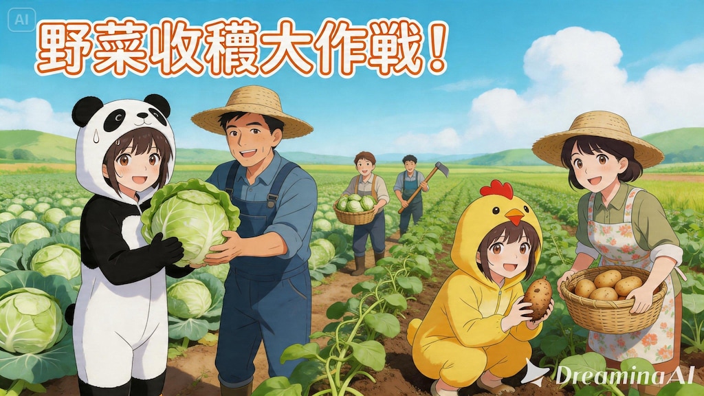 【All0429a】農家の人たちと一緒に無事だった春野菜の収穫をお手伝いをする事にした、みんなで楽しく収穫作業を行った。（モデル: Seedream 5.0）