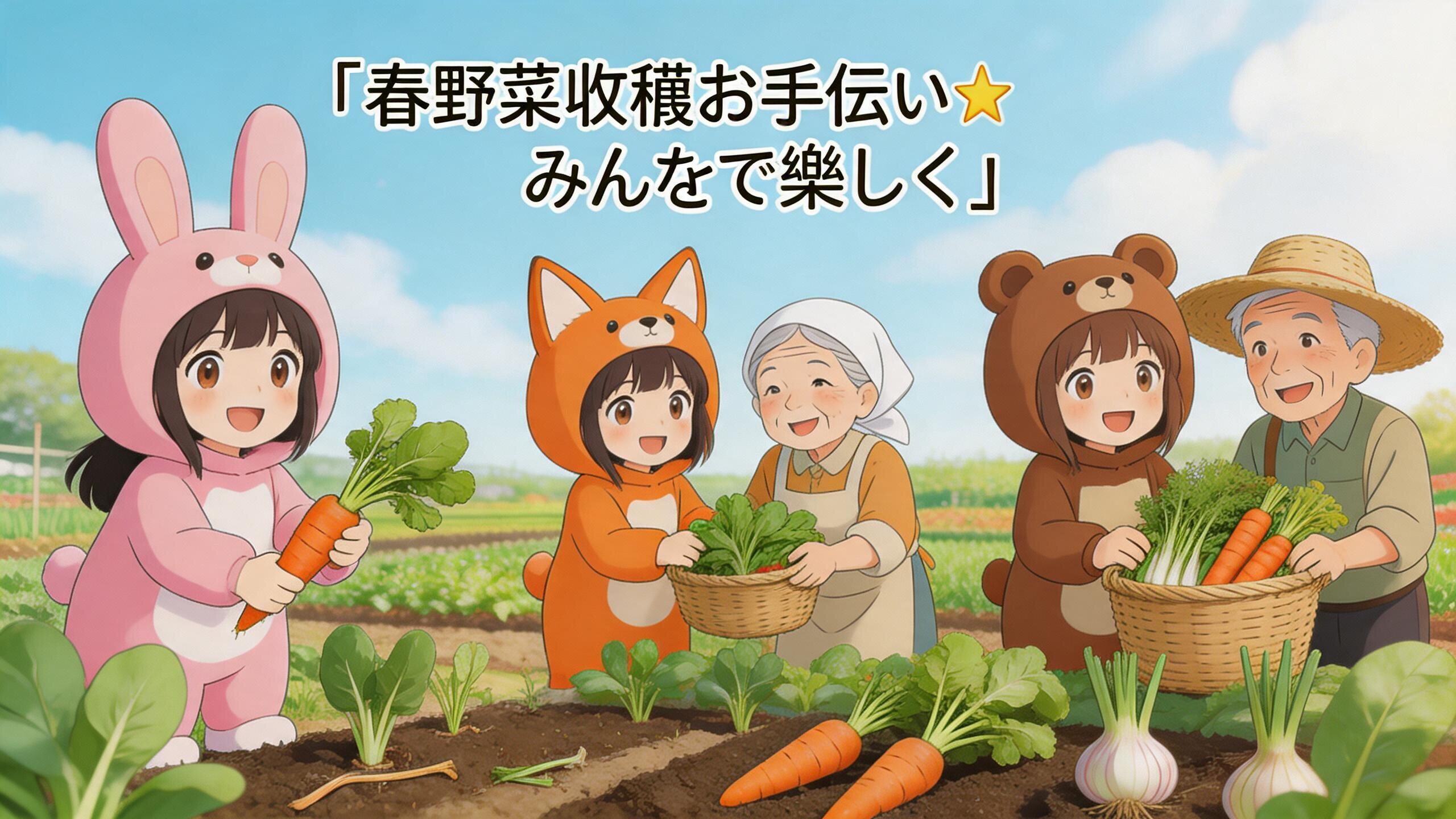 【All0429a】農家の人たちと一緒に無事だった春野菜の収穫をお手伝いをする事にした、みんなで楽しく収穫作業を行った。（モデル: Seedream 5.0） | の人気AIイラスト・グラビア