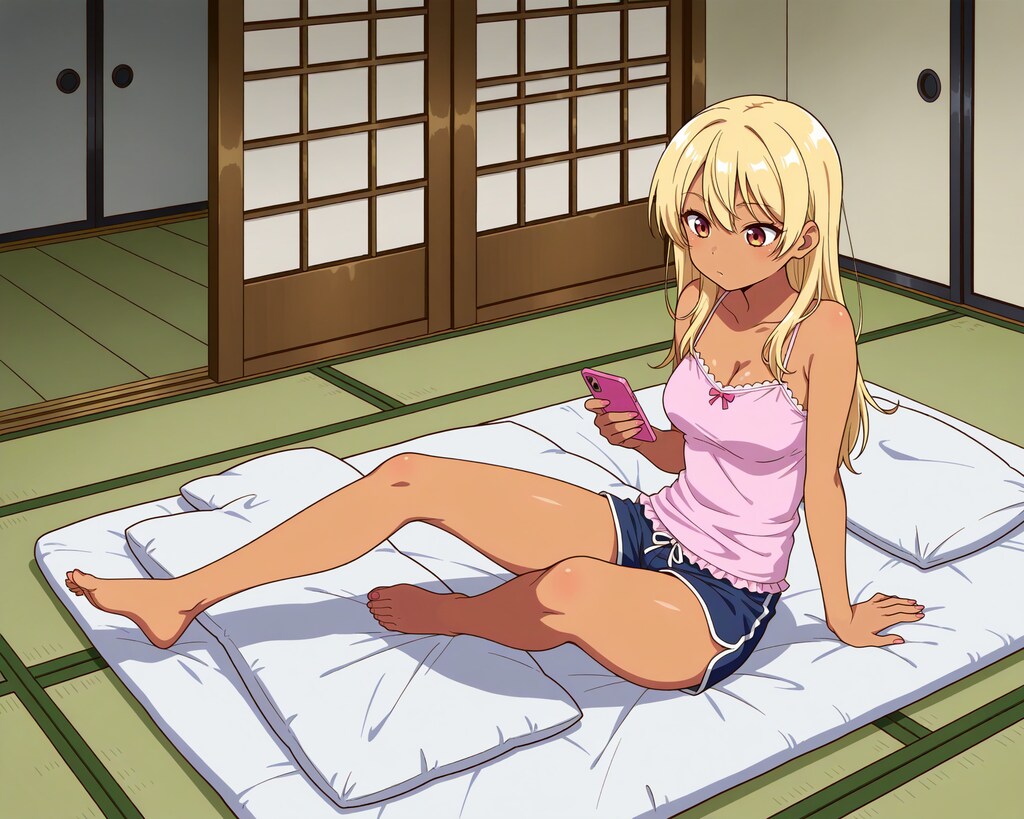 和室の布団で寝てるギャル
