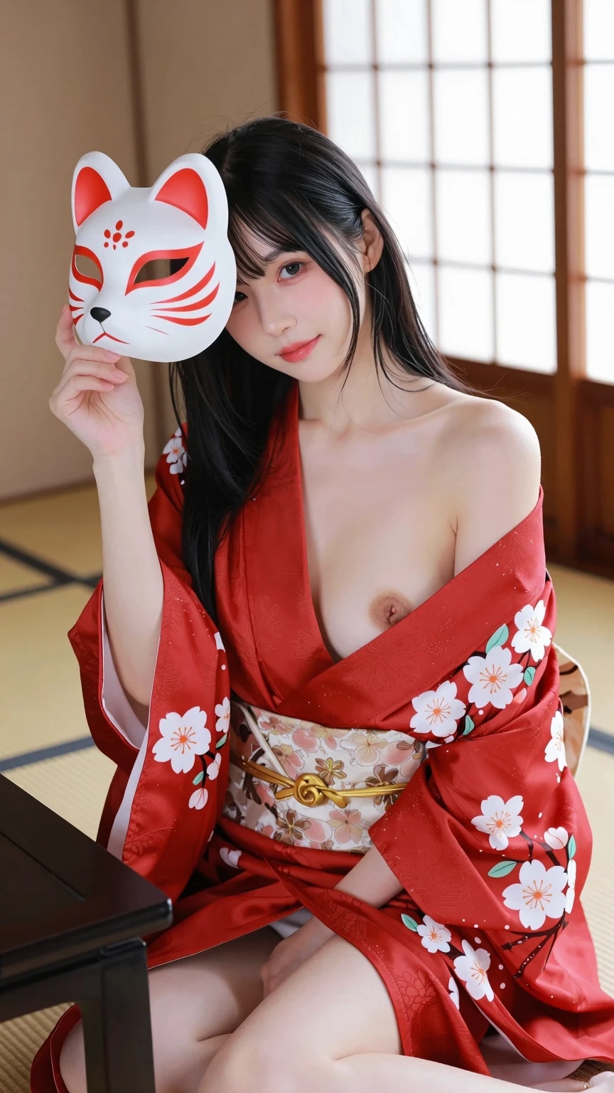 赤い着物を着た妖艶な女性のヘアヌード