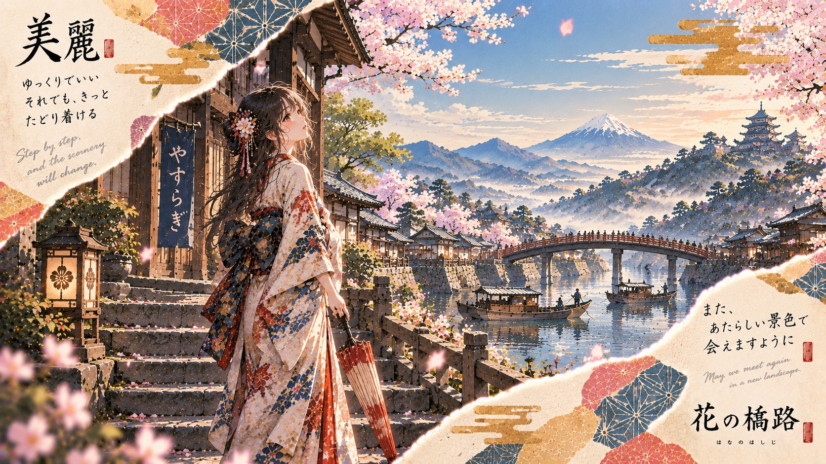 A kimono-clad traveler pausing above a cherry-lined bridge, Fuji rising quiet beyond the mist.  Slow | の人気AIイラスト・グラビア
