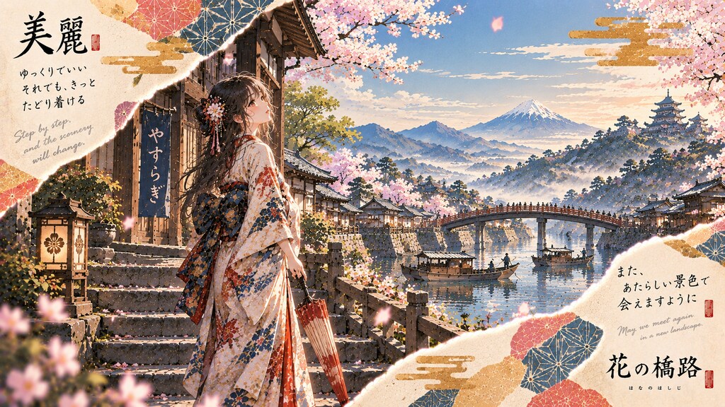 A kimono-clad traveler pausing above a cherry-lined bridge, Fuji rising quiet beyond the mist.  Slow