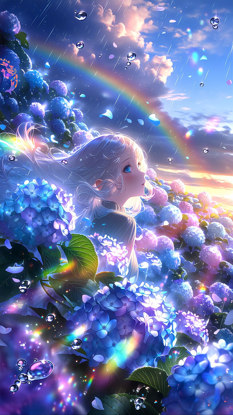 雨の紫陽花園に立つ銀髪の少女