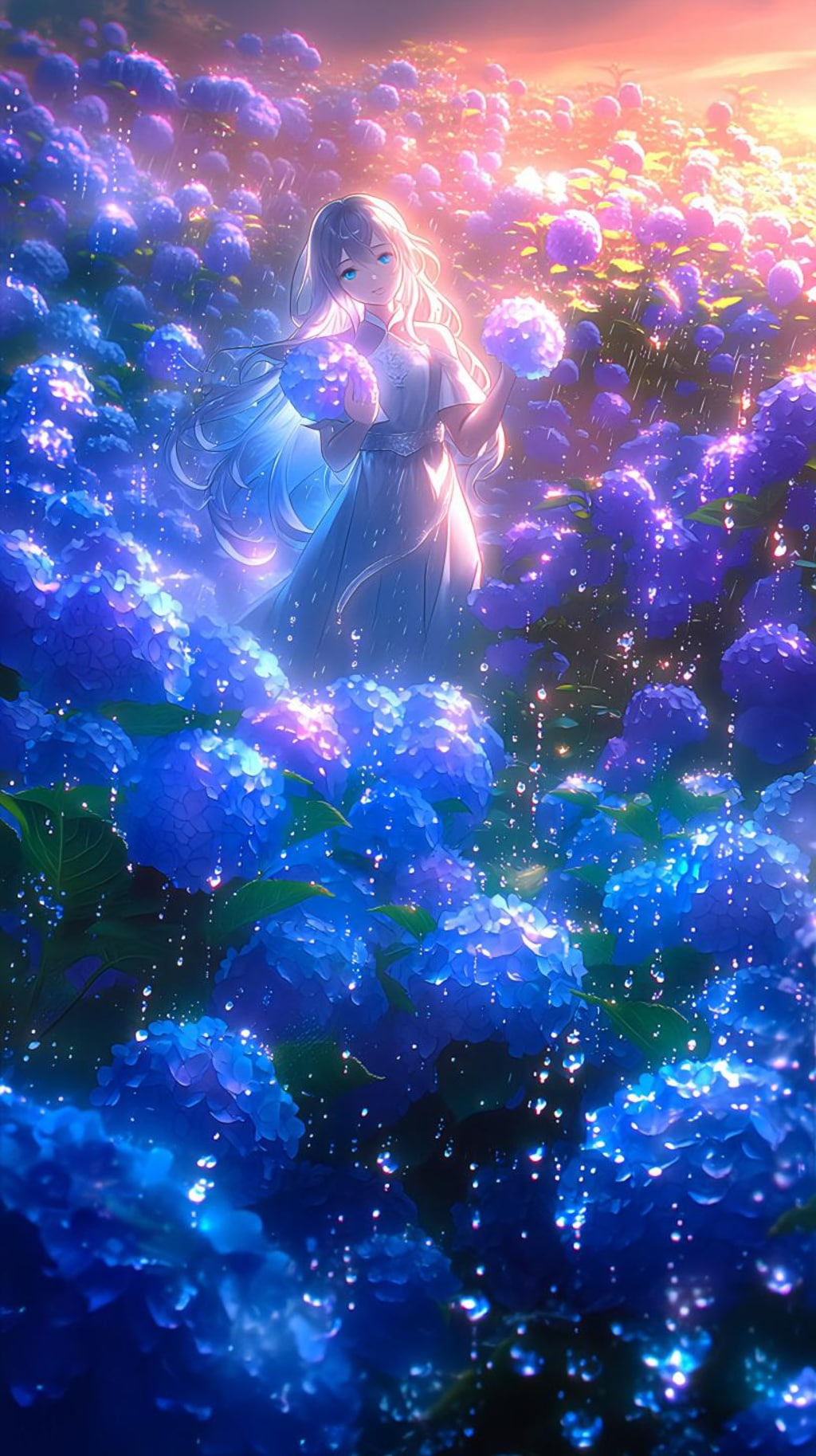 雨の紫陽花園に立つ銀髪の少女