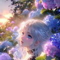 雨の紫陽花園に立つ銀髪の少女 3枚目