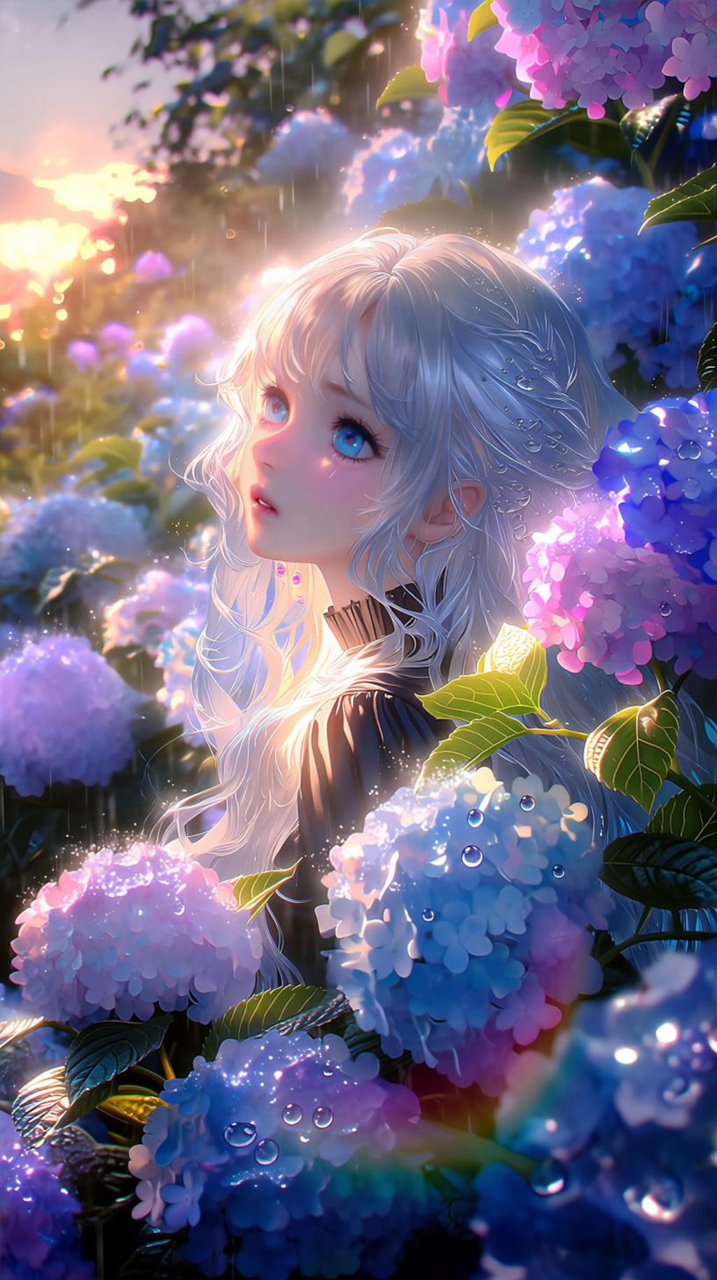 雨の紫陽花園に立つ銀髪の少女