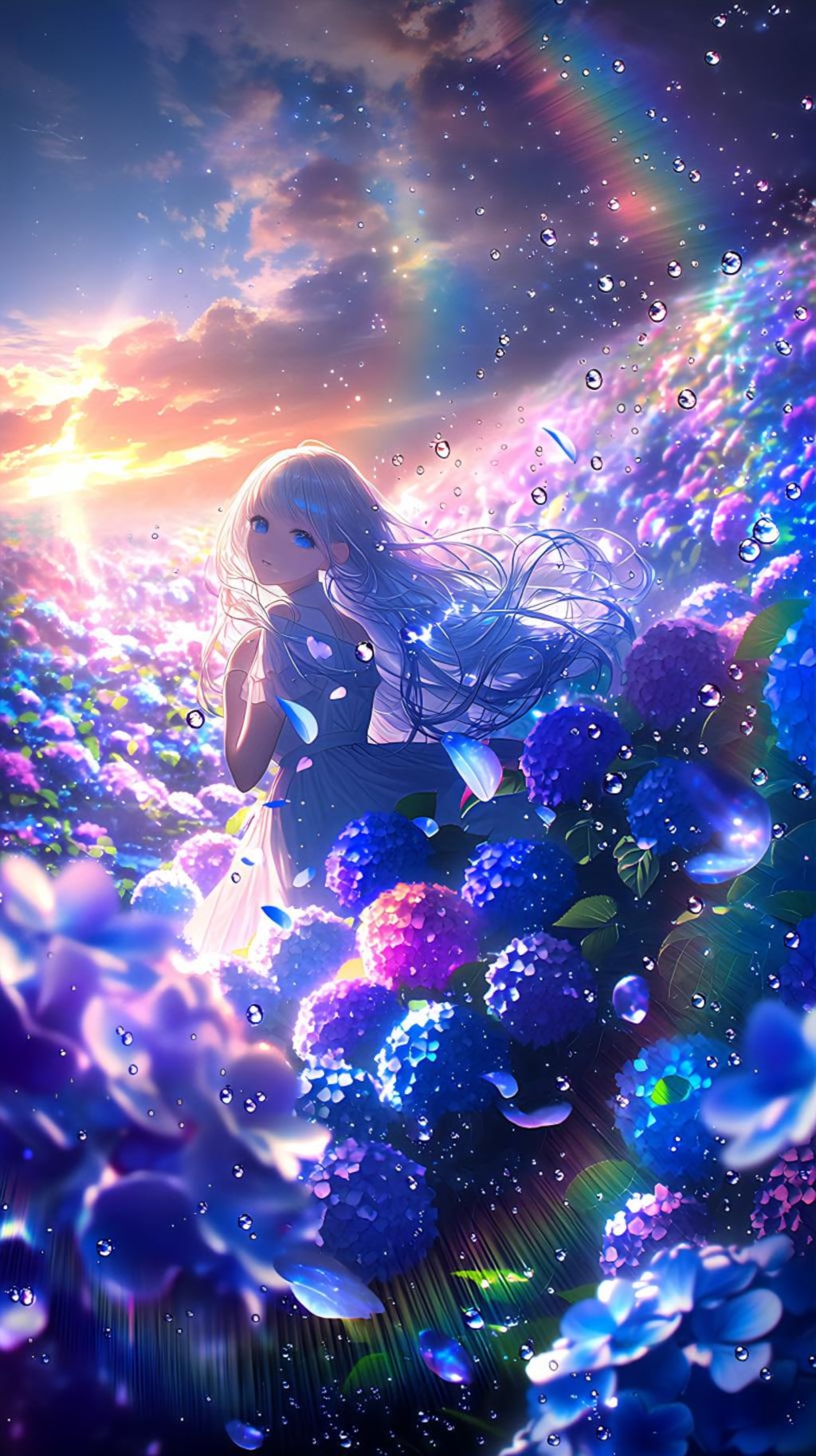 雨の紫陽花園に立つ銀髪の少女
