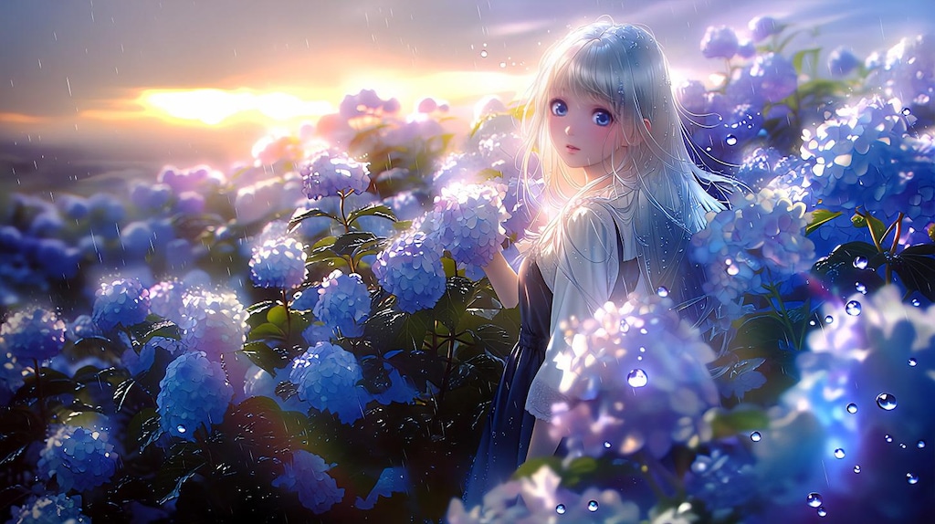 雨の紫陽花園に立つ銀髪の少女