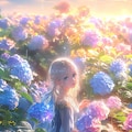 雨の紫陽花園に立つ銀髪の少女 6枚目