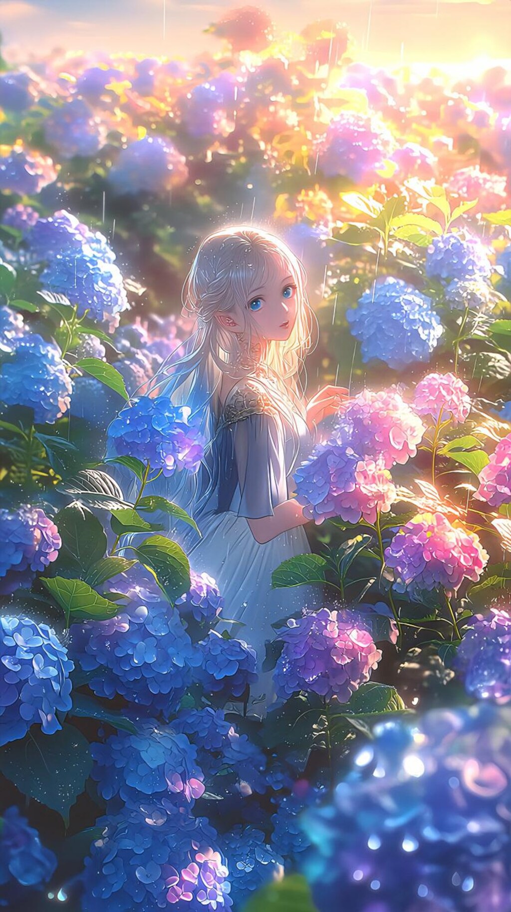 雨の紫陽花園に立つ銀髪の少女