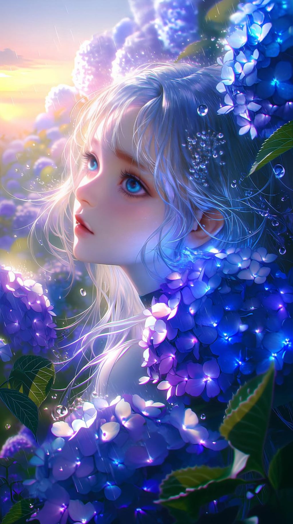 雨の紫陽花園に立つ銀髪の少女