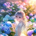 雨の紫陽花園に立つ銀髪の少女 2枚目