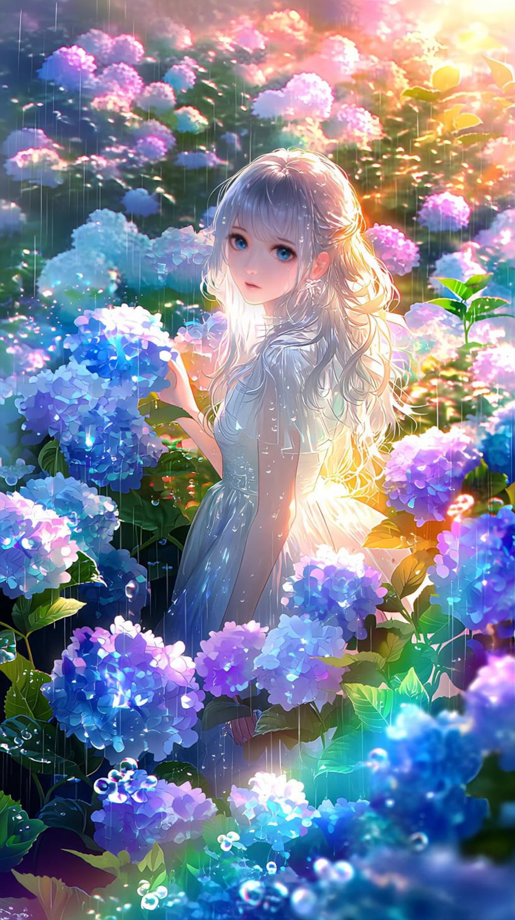 雨の紫陽花園に立つ銀髪の少女
