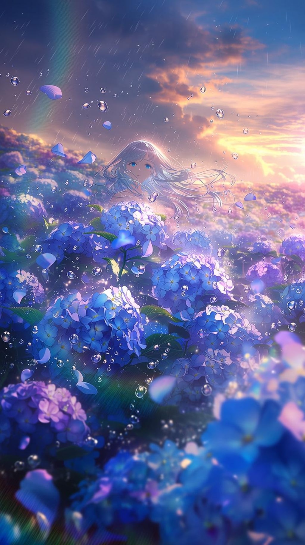 雨の紫陽花園に立つ銀髪の少女