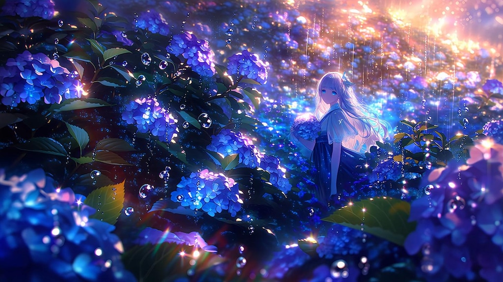 雨の紫陽花園に立つ銀髪の少女