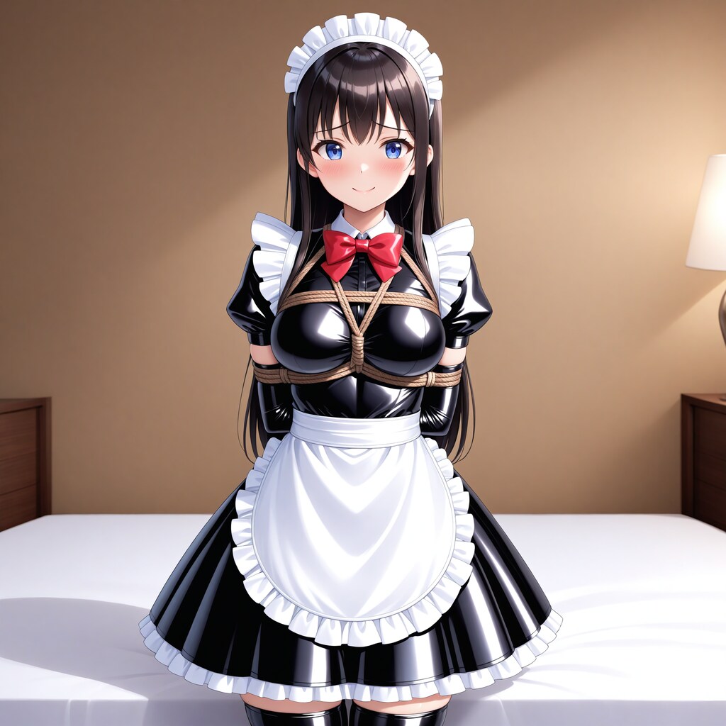 黒エナメルメイド長手袋サイハイソックス緊縛