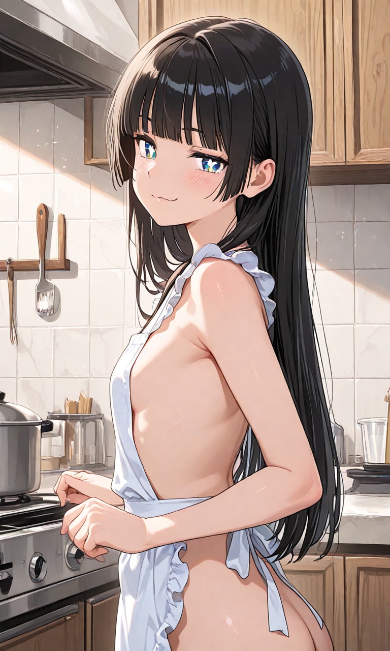 裸エプロンで横乳アピールをするぺったん娘