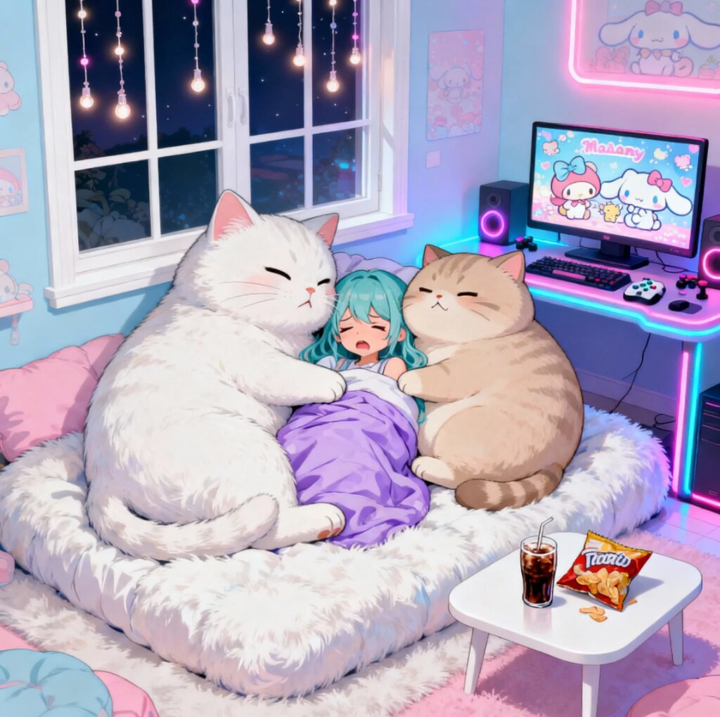 ネコに挟まれて寝苦しい♡