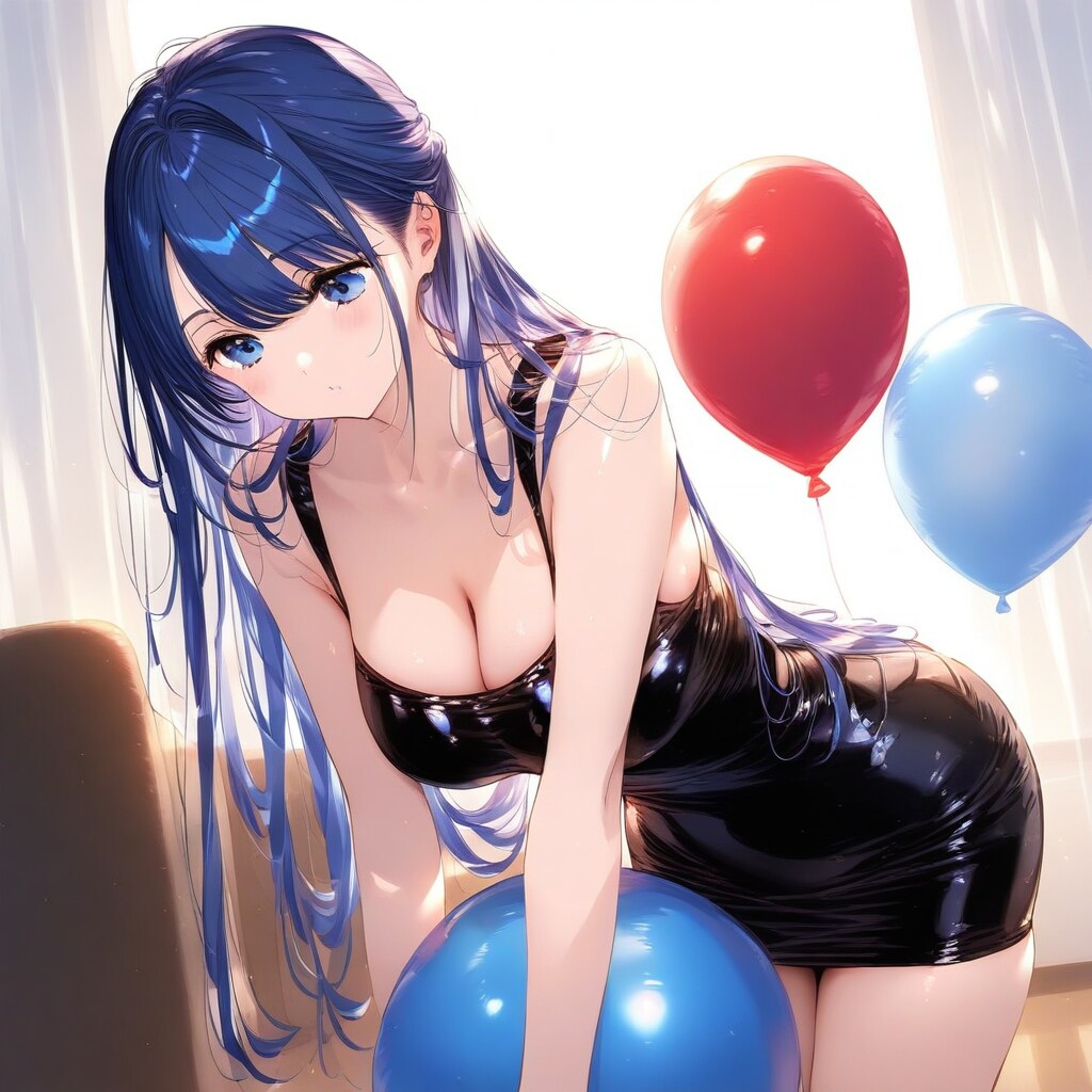 部屋の中で風船遊びをする青い髪ロングの美女