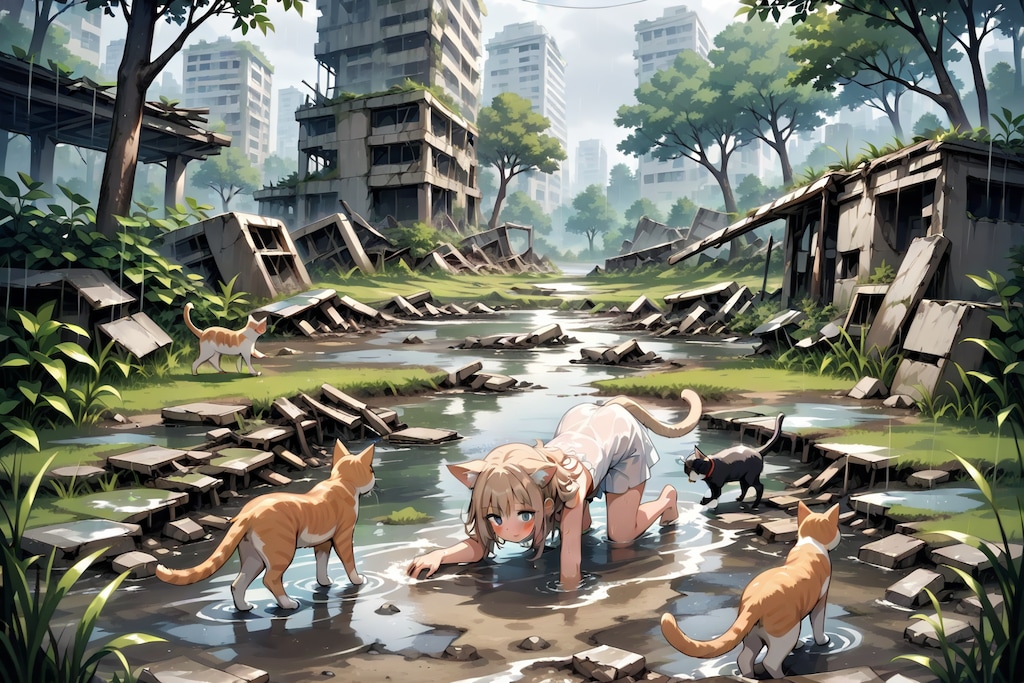 雨の廃墟と猫耳少女
