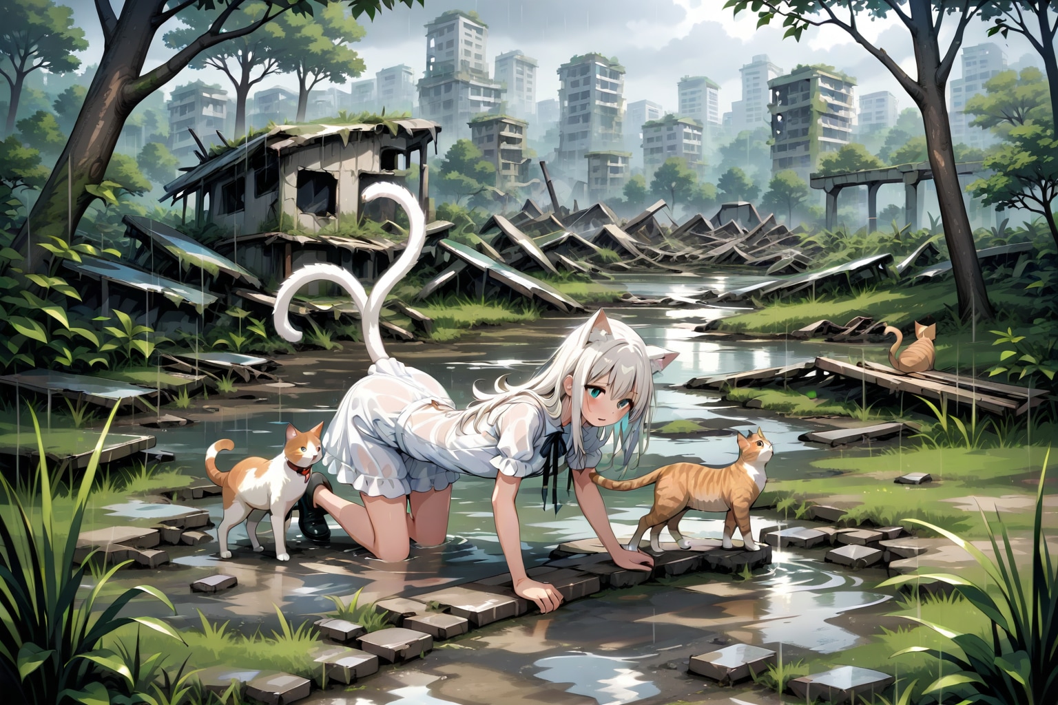 雨の廃墟と猫耳少女 | の人気AIイラスト・グラビア