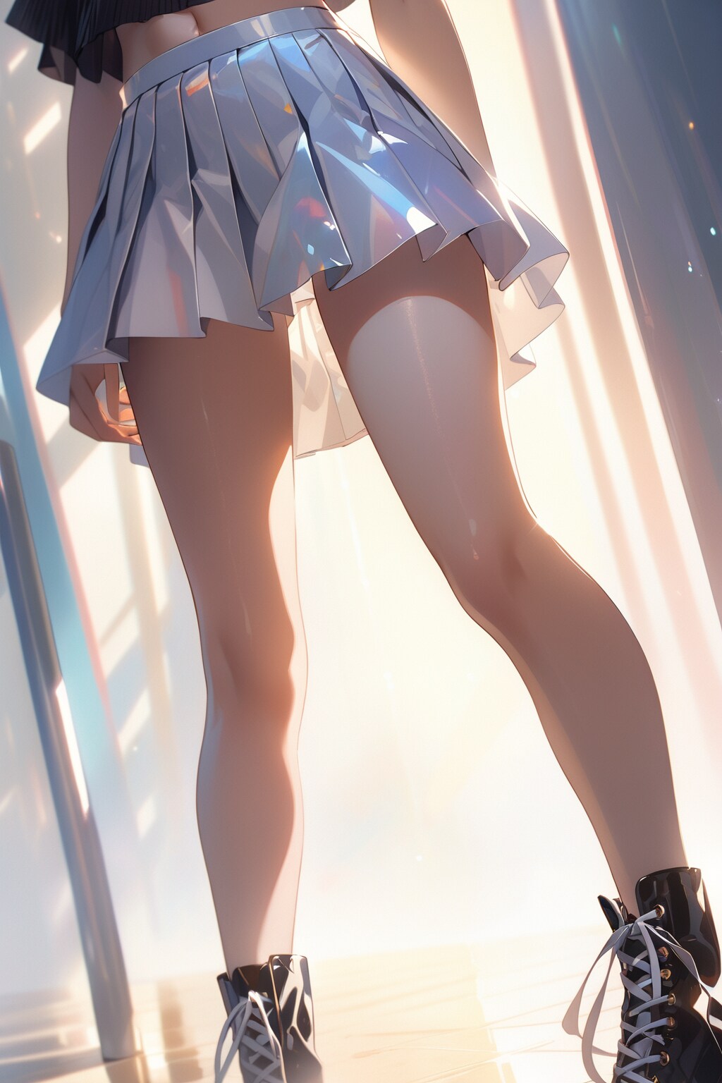 エナメルのプリーツミニスカートと脚線美