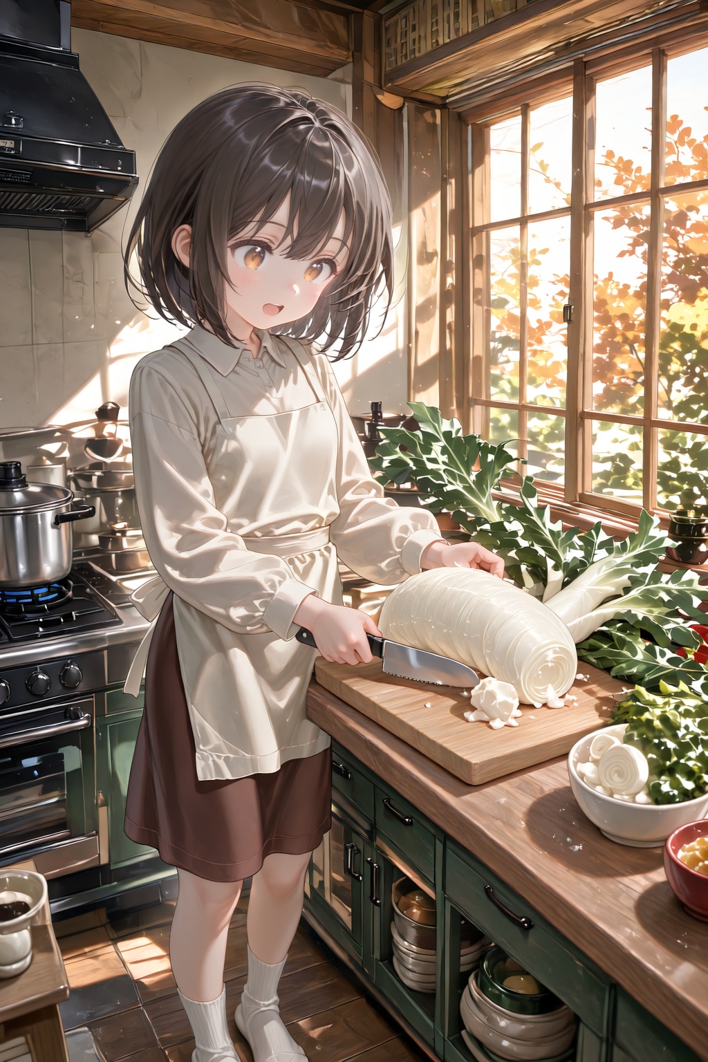 巨大大根を前にどう対応したものか驚きのおんなのこ | の人気AIイラスト・グラビア