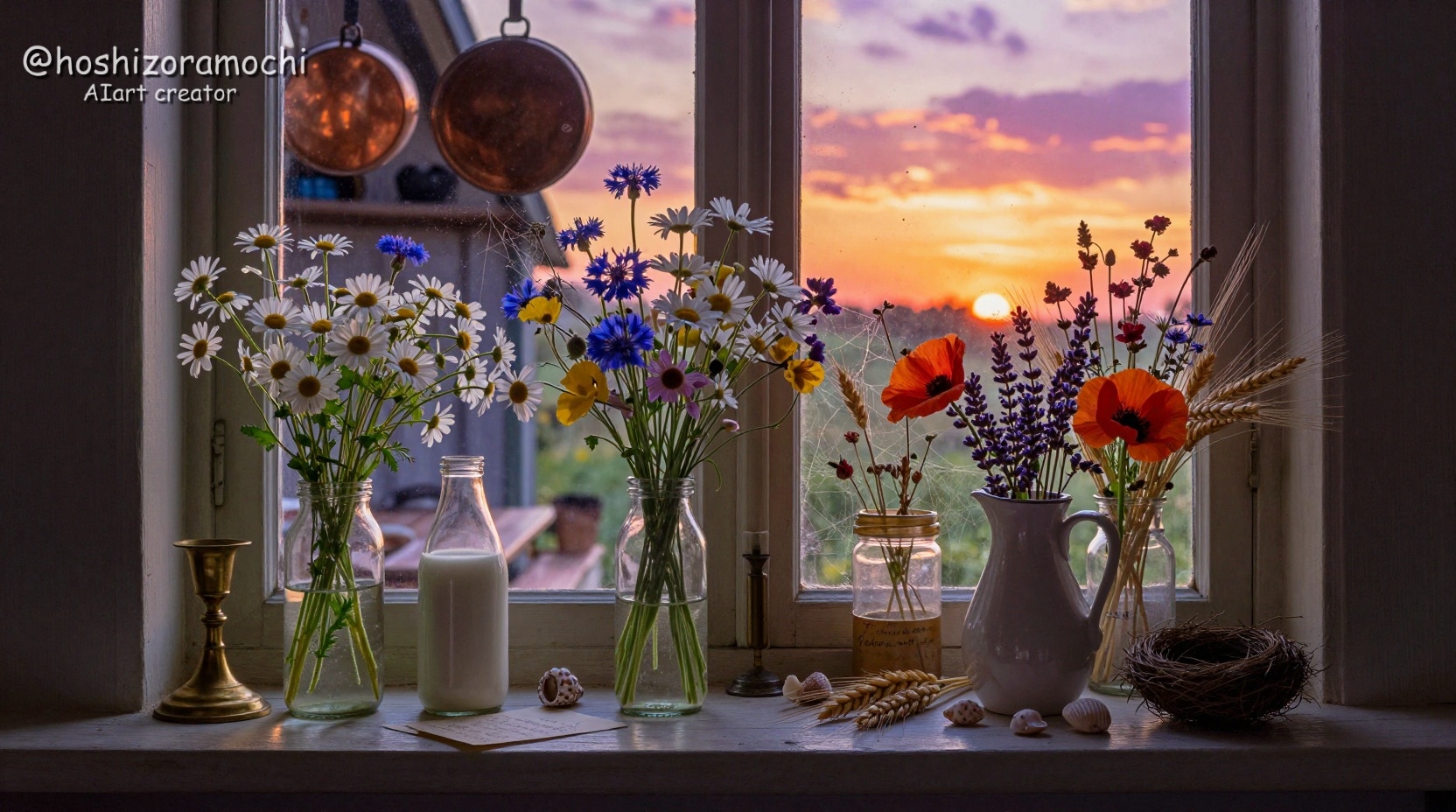 夕暮れの台所窓辺で咲く野花のブーケ | の人気AIイラスト・グラビア