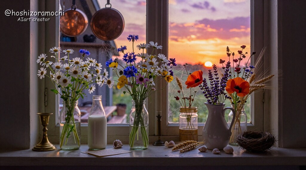 夕暮れの台所窓辺で咲く野花のブーケ