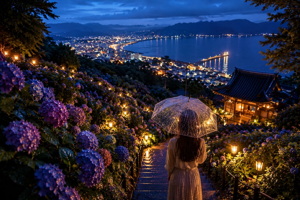 灯り咲く紫陽花路