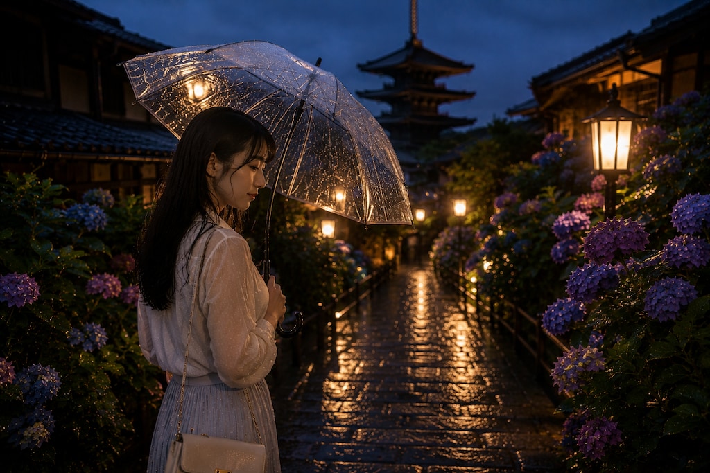 灯り咲く紫陽花路