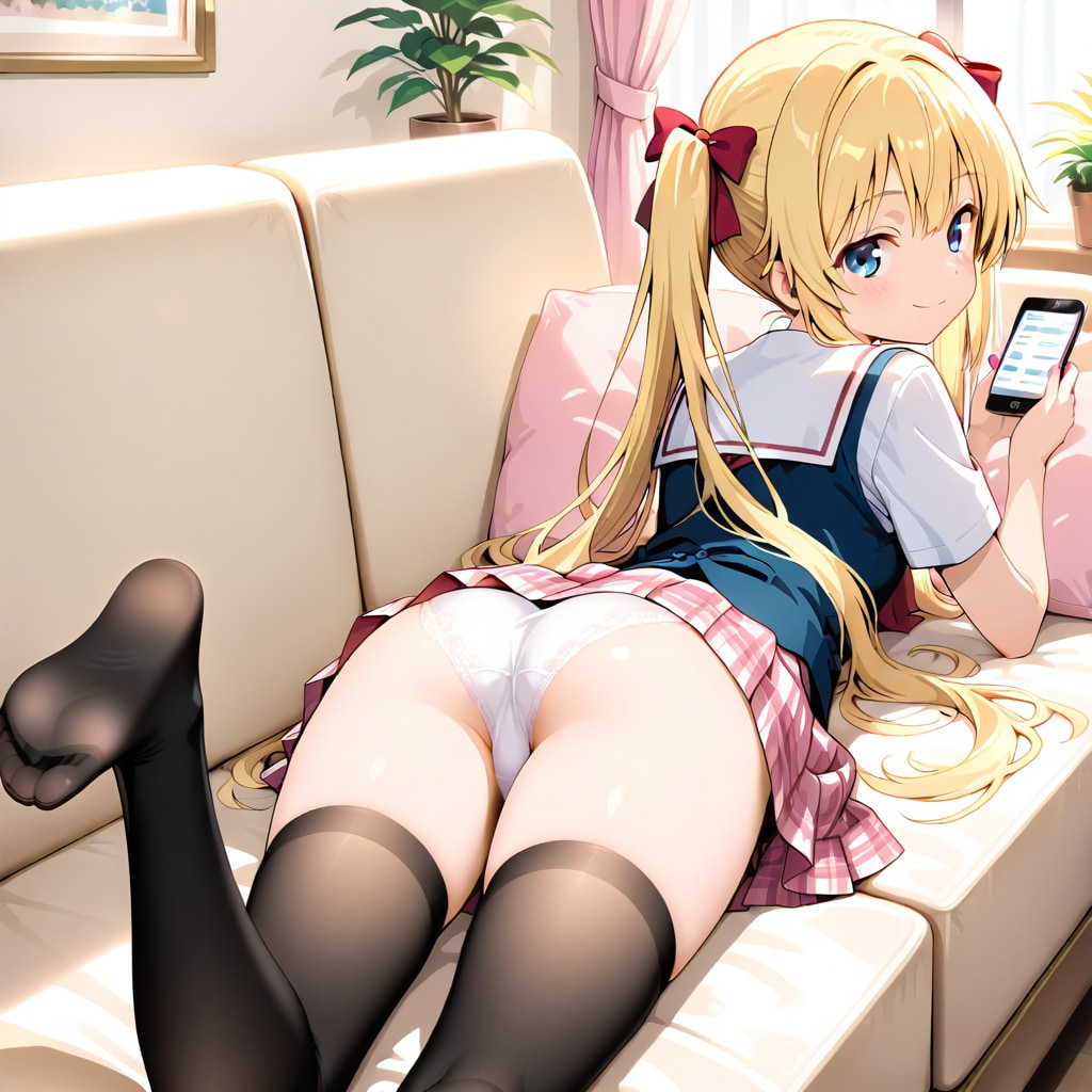 ソファで白パンツ晒してスマホ見る金髪ツインテール