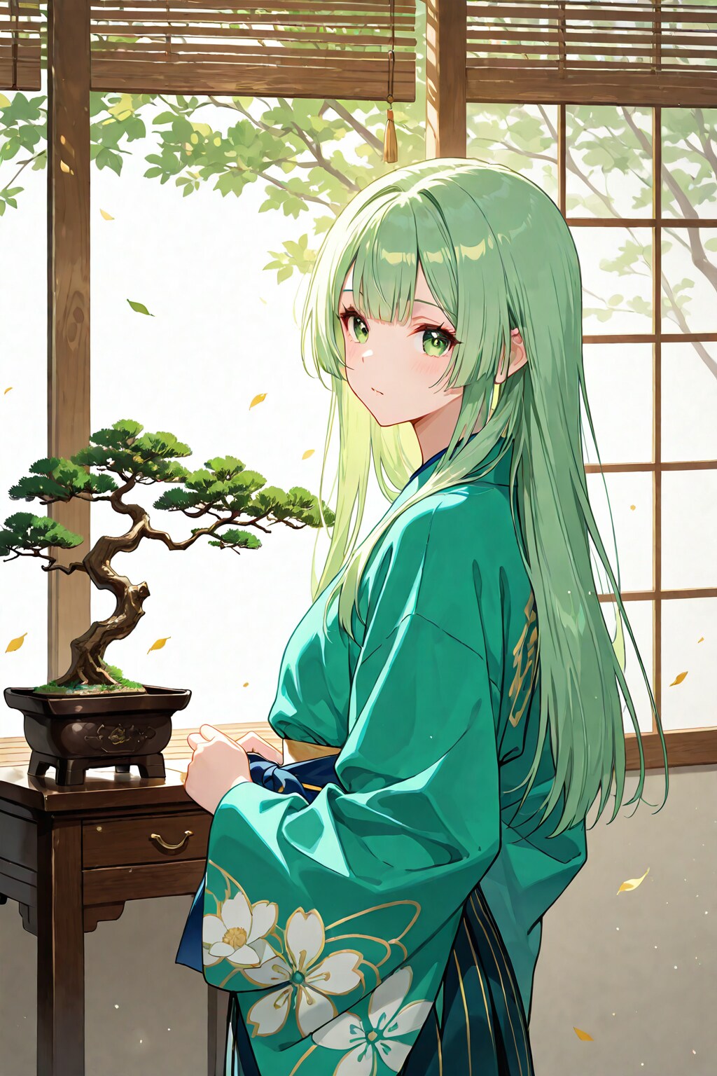 盆栽と美女