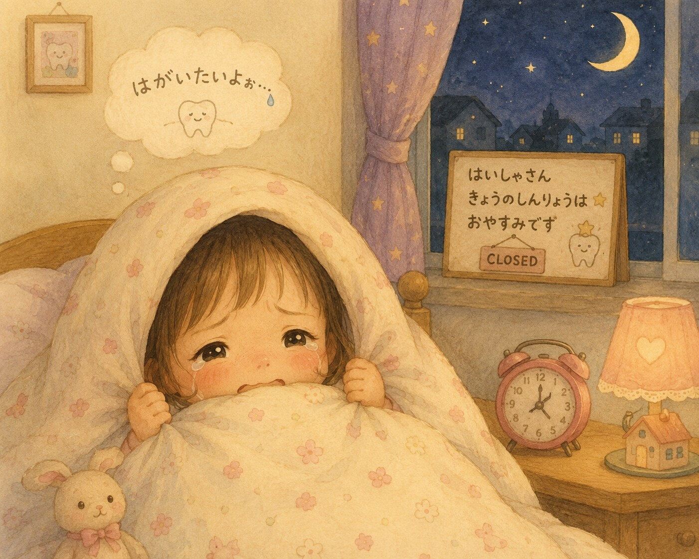 よなかにはがいたくなっちゃった女の子