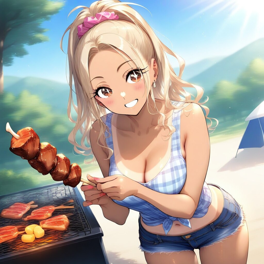 キャンプに来てBBQにはしゃぐYuiちゃん | の人気AIイラスト・グラビア