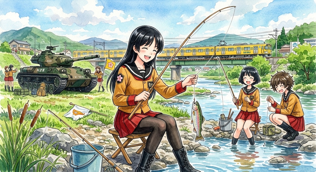 戦車のある風景　川釣り